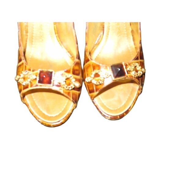 Giuseppe Zanotti Brown Croc Embossed Italian Leather Peep Toe Pumps 37.5 or 7.5 - Picture 2 of 13